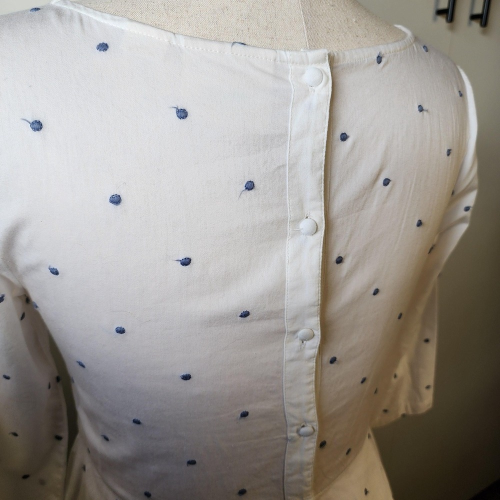 White & blue polka dots peplum blouse, flowy long button down back - Picture 7 of 10